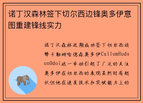 诺丁汉森林签下切尔西边锋奥多伊意图重建锋线实力 诺丁汉森林签下切尔西边锋奥多伊意图重建锋线实力
