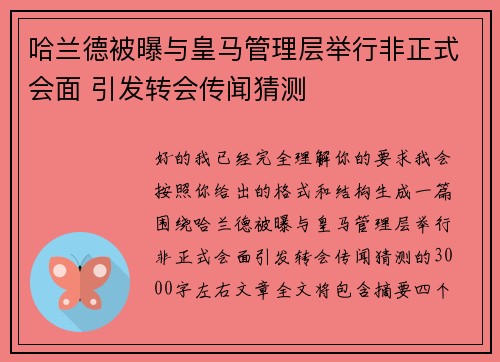 哈兰德被曝与皇马管理层举行非正式会面 引发转会传闻猜测 哈兰德被曝与皇马管理层举行非正式会面 引发转会传闻猜测